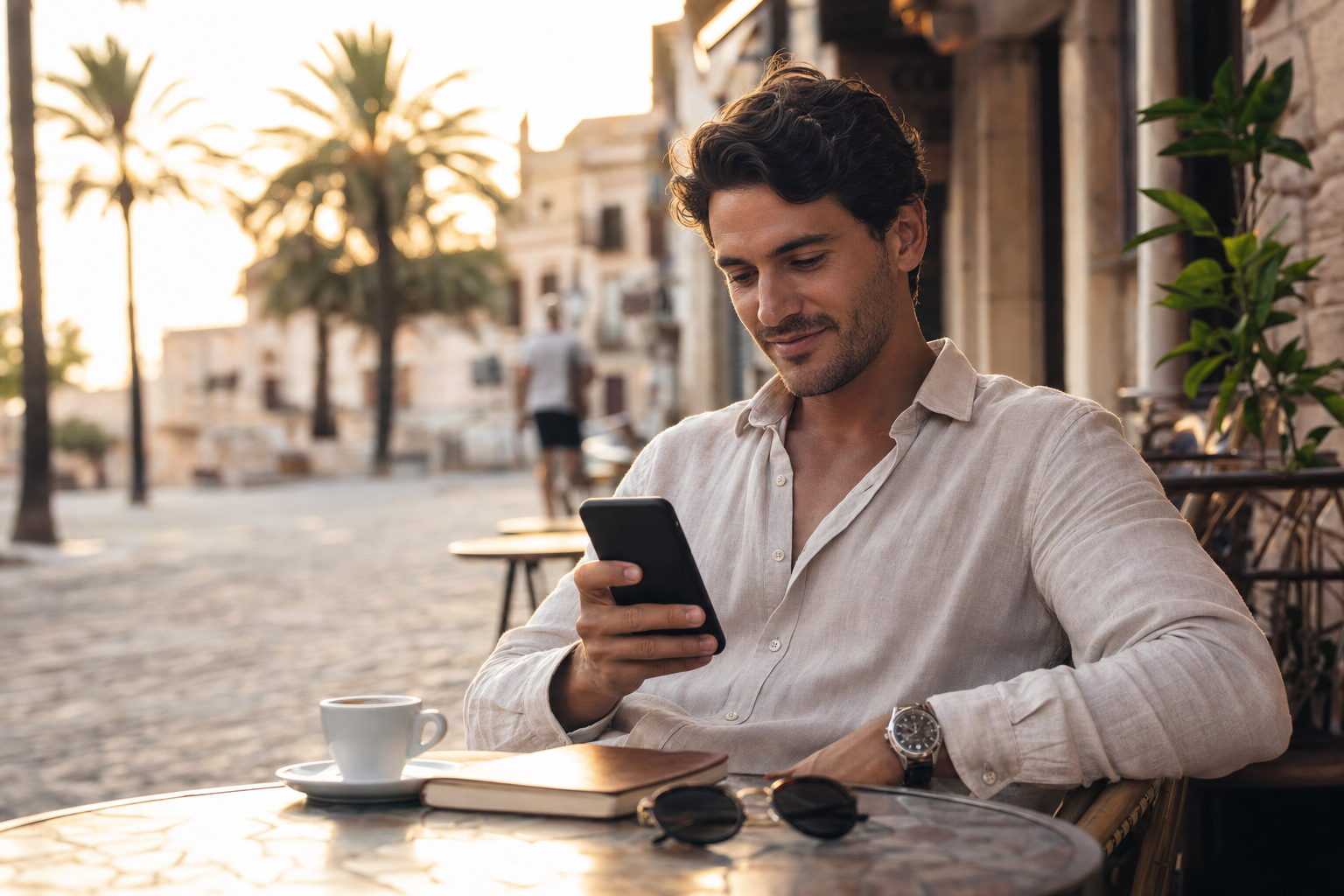Unternehmer entspannt im Cafe mit Smartphone